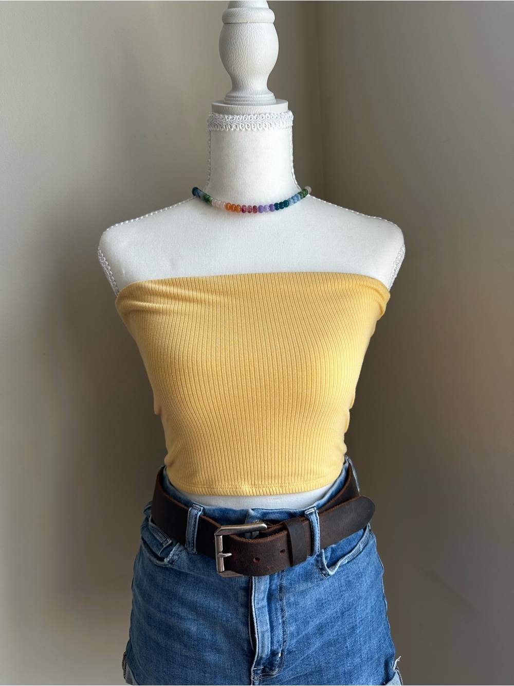 Garage Yellow Ribbed Strapless Tube Crop Top